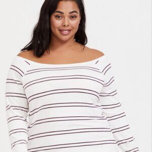 Torrid White Purple Striped Off Shoulder Long Sleeve Active Top Size 0‎